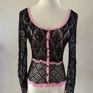 Vintage Betsey Johnson Pink & Black Crochet Cardigan